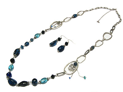 Genuine glass beads long necklace and earring set
