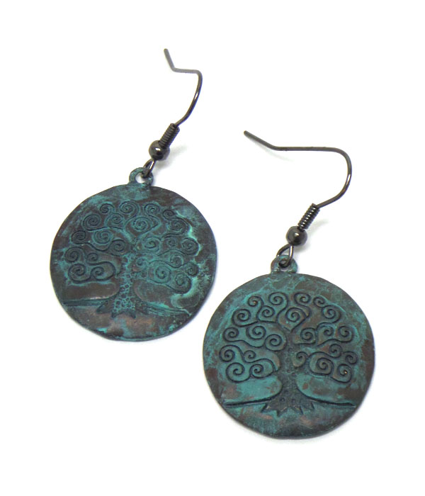 Rustic vintage metal disk with tree of life fish hook earrings