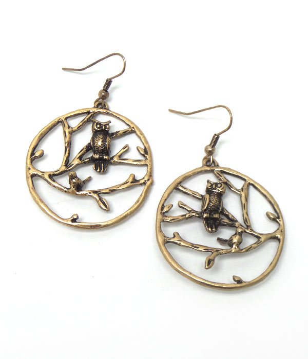 Metal disk with owl fish hook earrings 