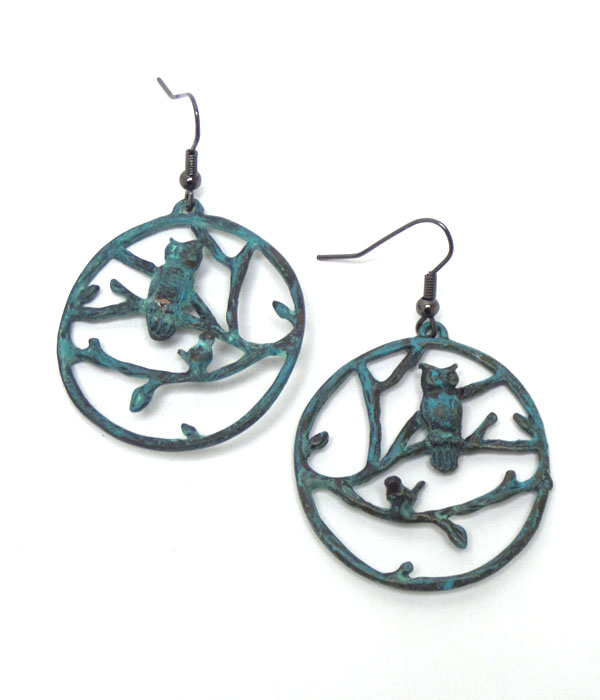 Rustic vintage metal disk with owl fish hook earrings
