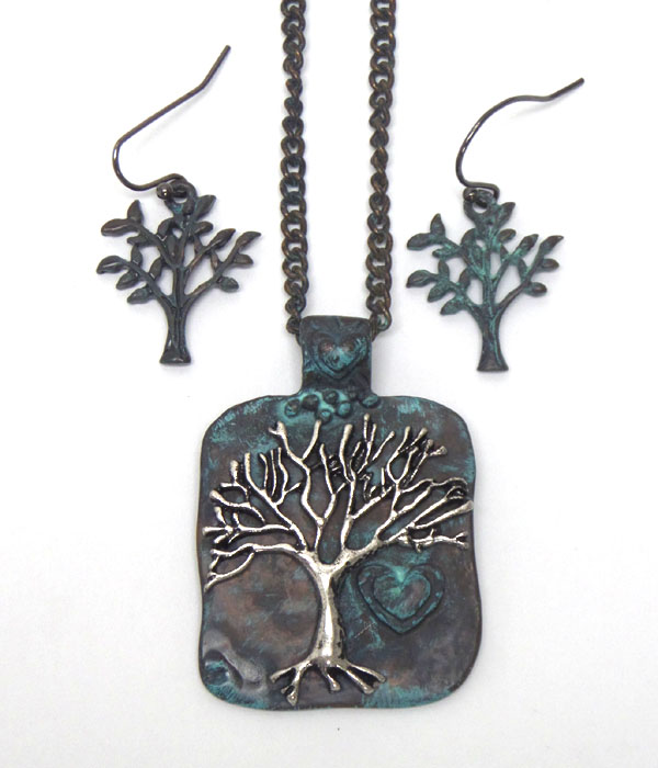 Handmade vintage rustic tree of life pendant necklace set
