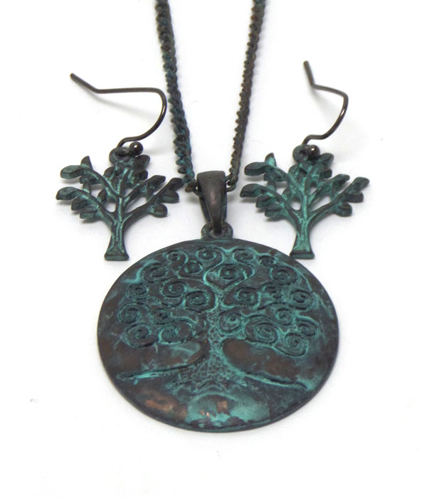 Handmade vintage rustic tree of life pendant necklace set