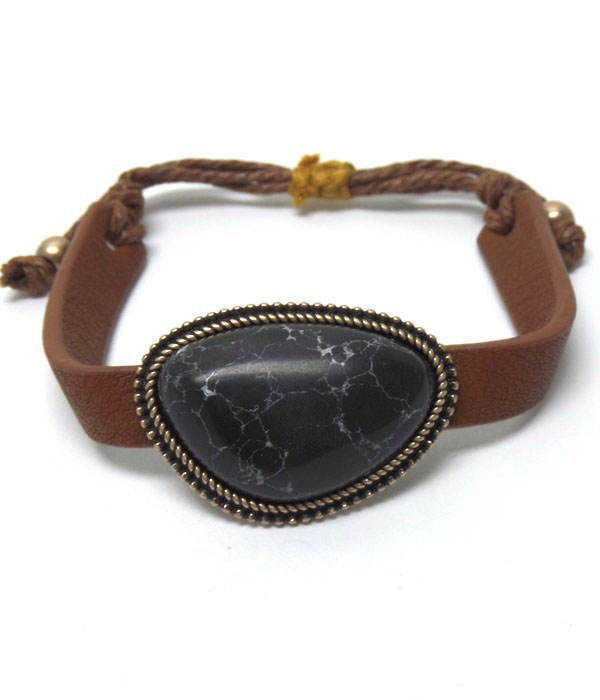 Handmade semi precious natural shape stone and leatherette pull tie bracelet