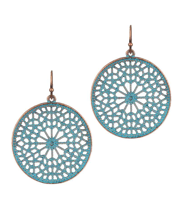 METAL FILIGREE DISK DROP EARRING