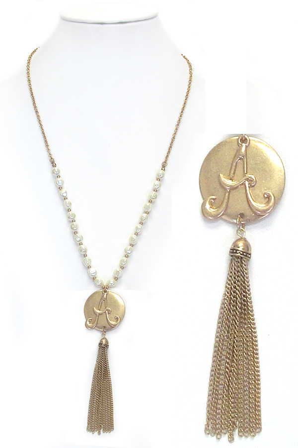 Monogram pendant and tassel drop fresh water pearl chain necklace - a
