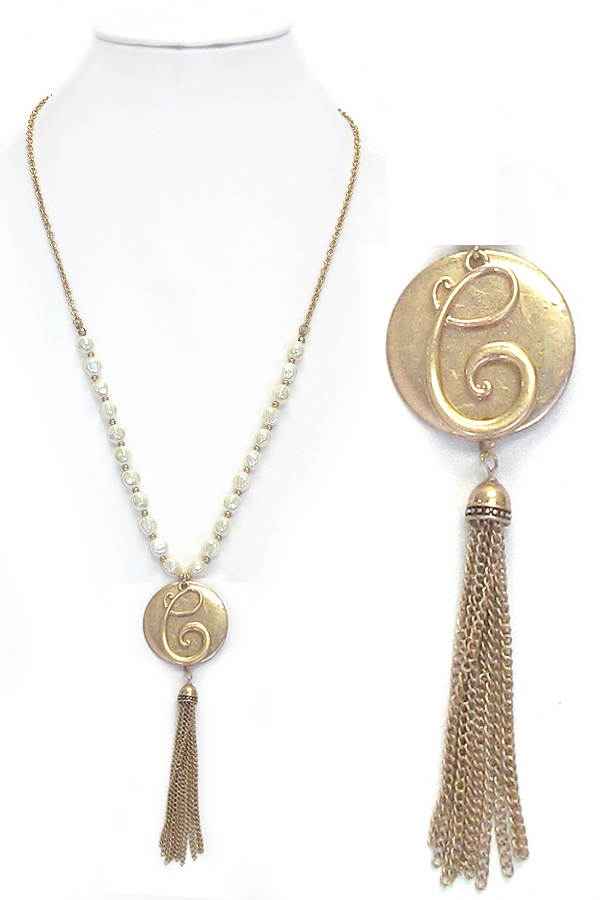 Monogram pendant and tassel drop fresh water pearl chain necklace - c
