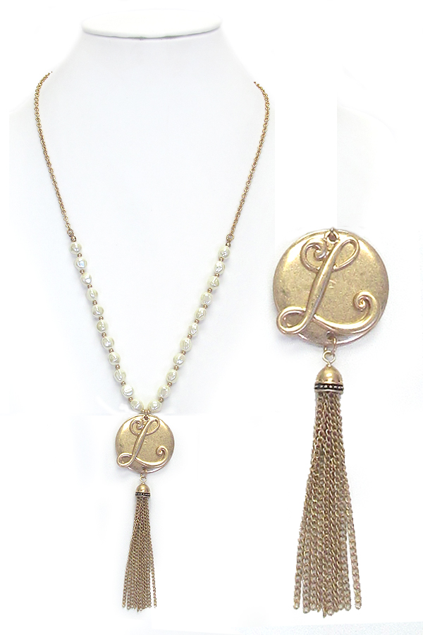 Monogram pendant and tassel drop fresh water pearl chain necklace - l