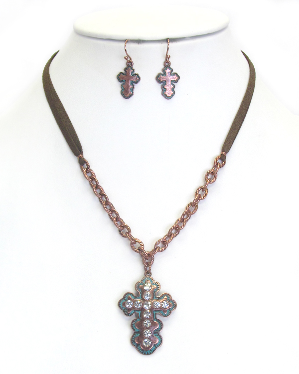 Vintage crystal cross pendant suede necklace set