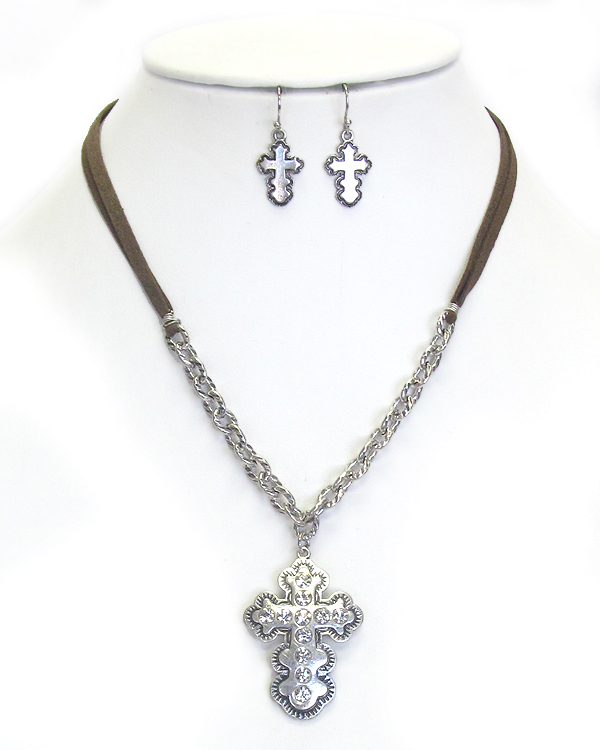 Vintage crystal cross pendant suede necklace set