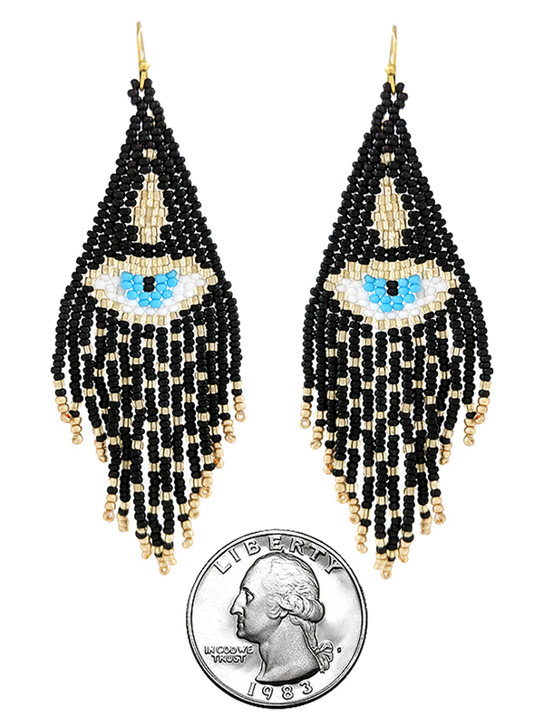 Handmade multi seedbead evil eye tassel drop earring