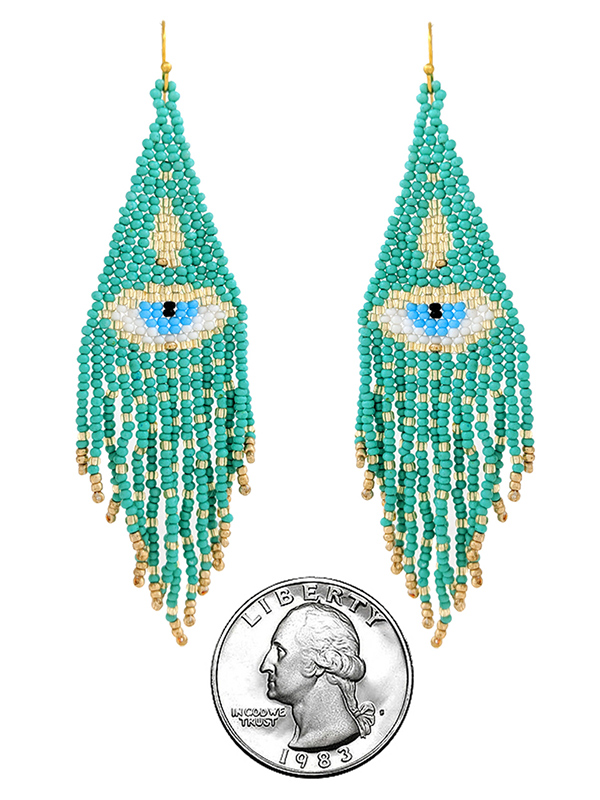 Handmade multi seedbead evil eye tassel drop earring