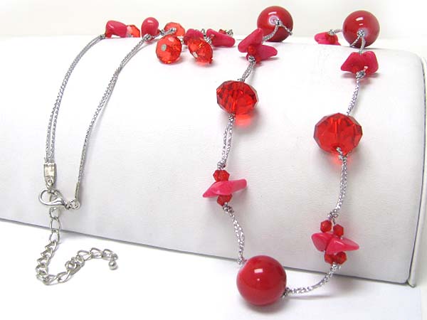 Natural chip stone and ceramic and glass stone link long necklace earring set