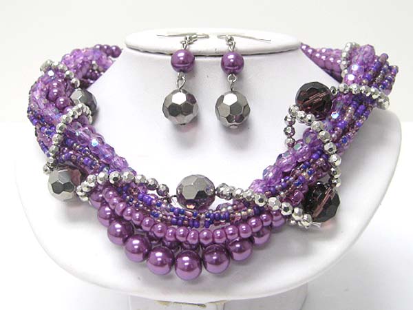 Multi strand pearl ball braided necklace earring set