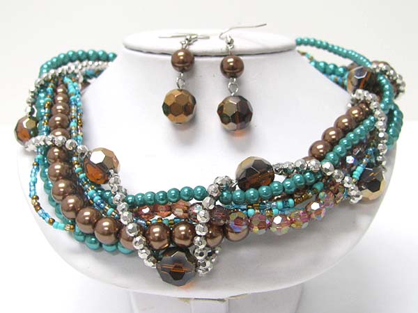 Multi strand pearl ball braided necklace earring set