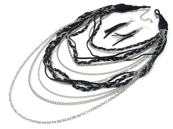 Metal and suede braided multi row long neckalce earring set