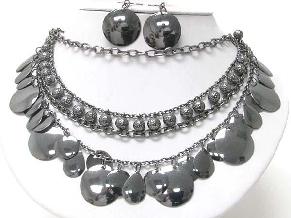 Multi layer metal disk and ball dangle neckalce earring set