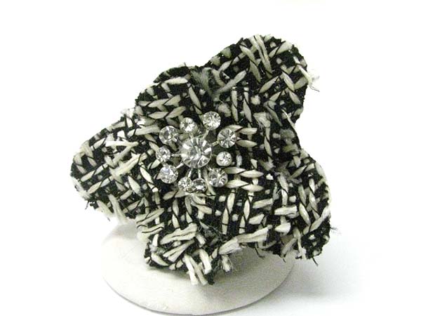 CRYSTAL AND WOVEN FABRIC FLOWER STRETCH RING