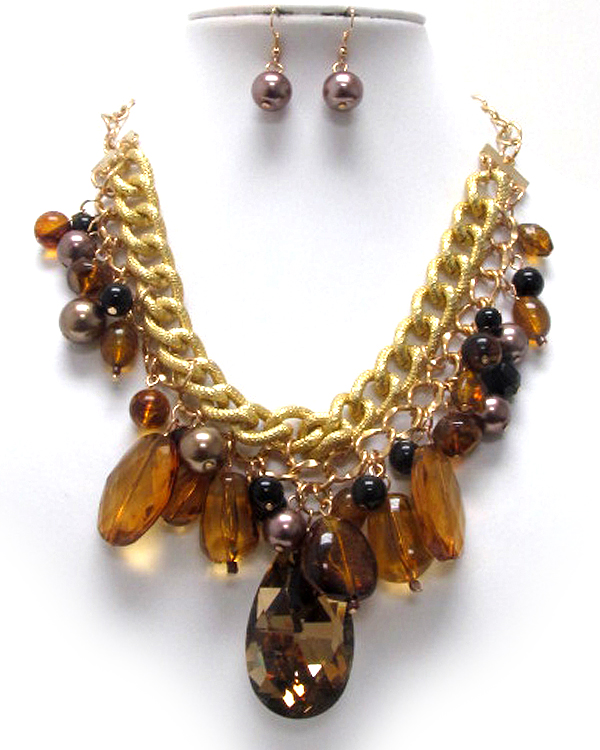 Crystal tear drop and mixed beads and pearls drop double chain necklace earring set
