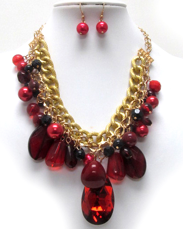 Crystal tear drop and mixed beads and pearls drop double chain necklace earring set
