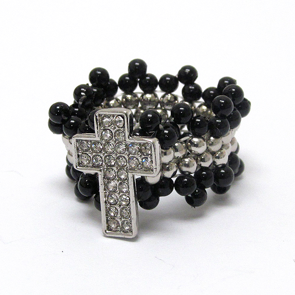 Crystal cross and pearl band stretch ring