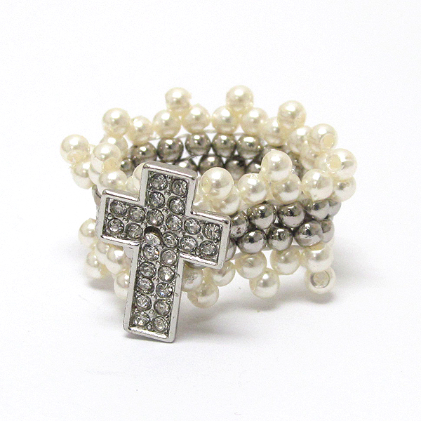 Crystal cross and pearl band stretch ring