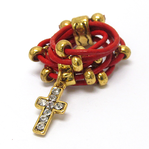 Crystal cross and leatherette wrap band ring