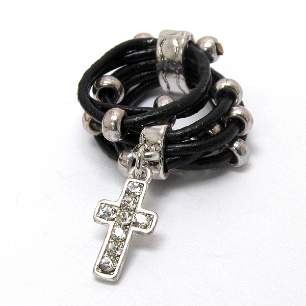 Crystal cross and leatherette wrap band ring