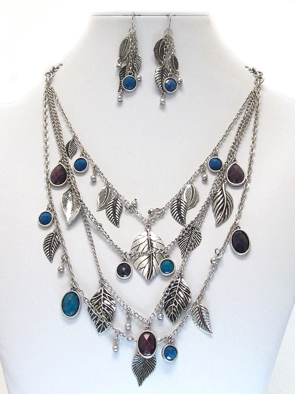 Leaf drop and multi layered chain necklace earring set