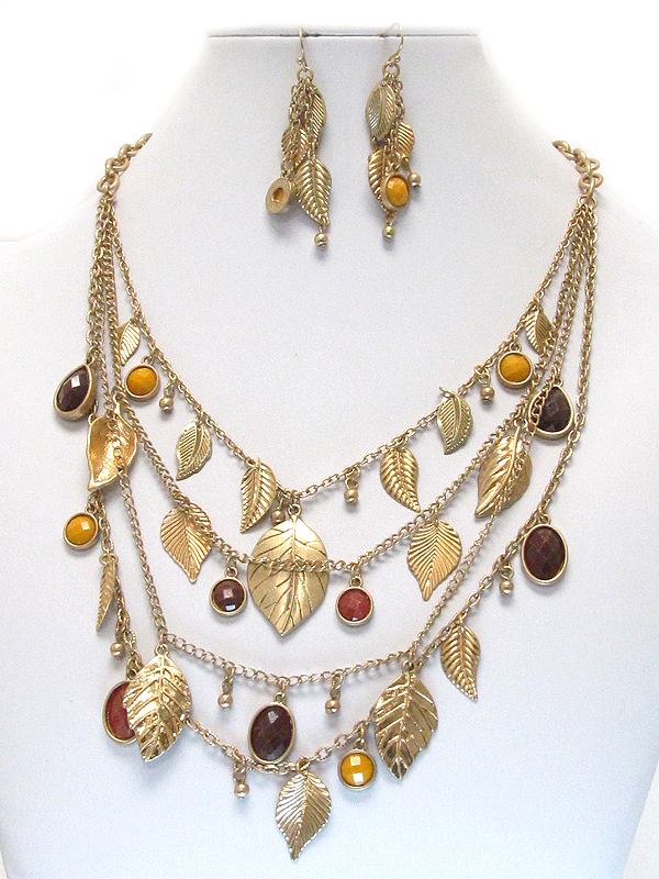 Leaf drop and multi layered chain necklace earring set