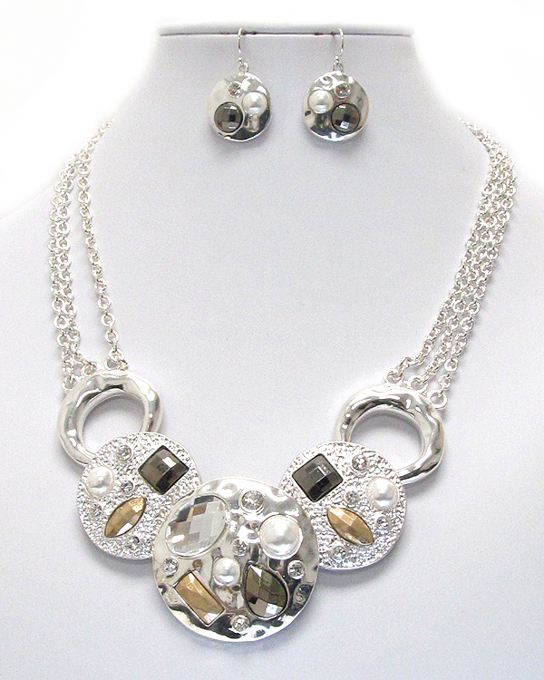 Hammered natural shape disk link necklace earring set