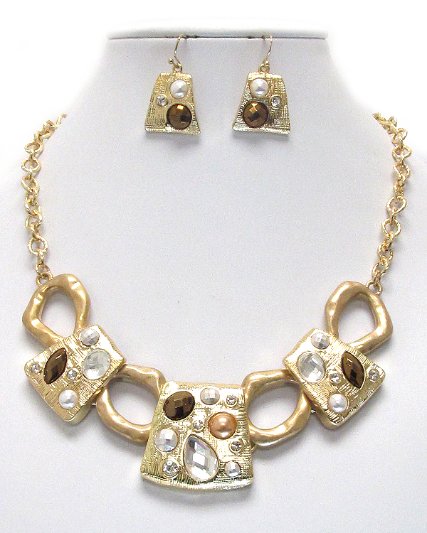 Hammered natural shape plate link necklace earring set