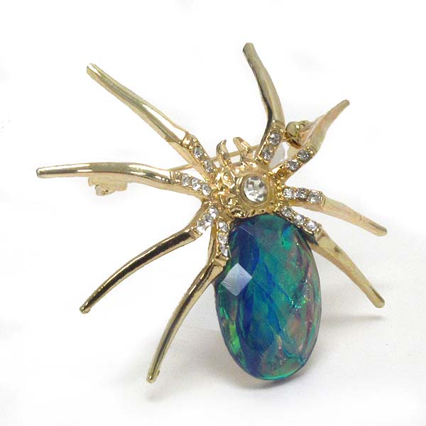 Crystal and abalone finish facet glass body spider brooch or pin