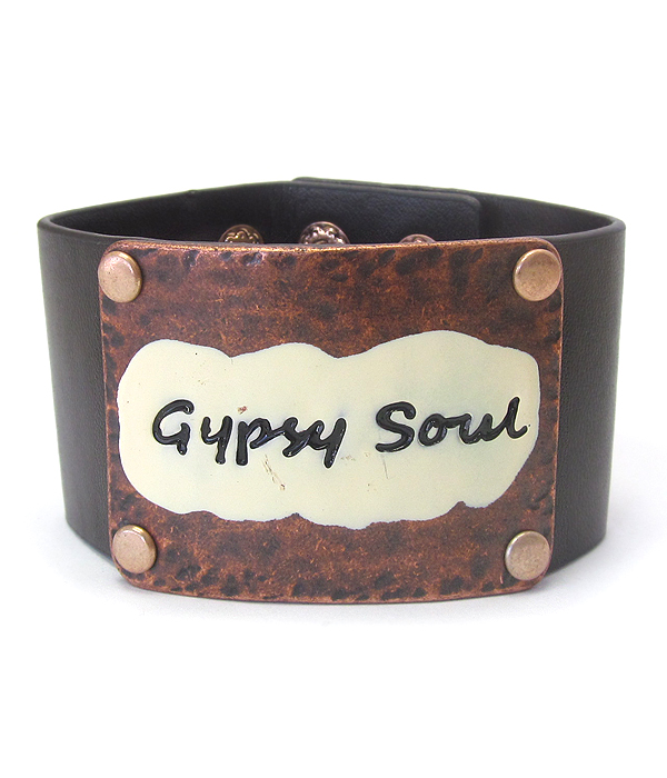 Wide metal plate and leather bracelet - gypsy soul