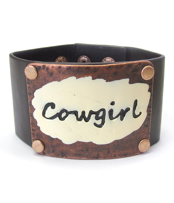 WIDE METAL PLATE AND LEATHER BRACELET - COW GIRL