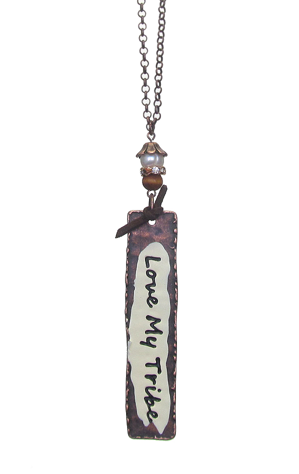 INSPIRATION MESSAGE METAL PLATE PENDANT LONG NECKLACE - LOVE MY TRIBE