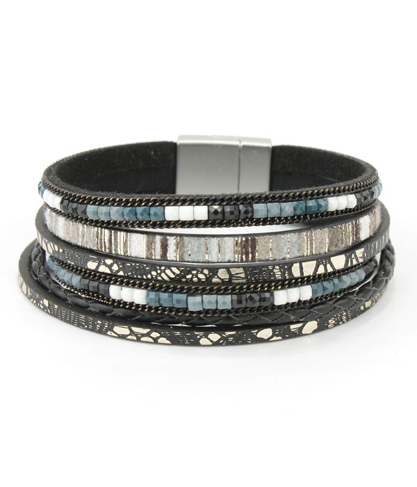 Multi layer faux leather and seed bead magnetic bracelet