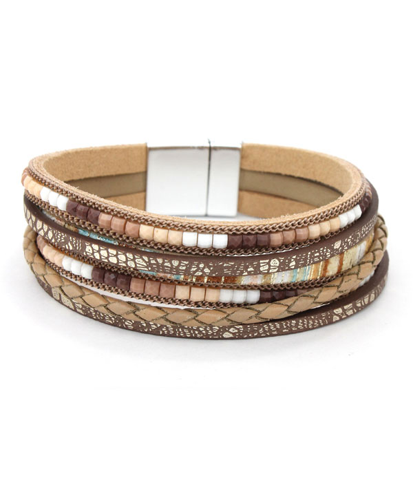 Multi layer faux leather and seed bead magnetic bracelet