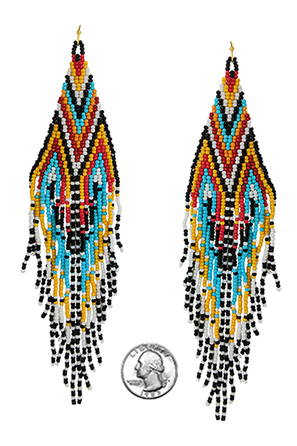 HANDMADE MULTI SEEDBEAD LONG TASSEL DROP EARRING