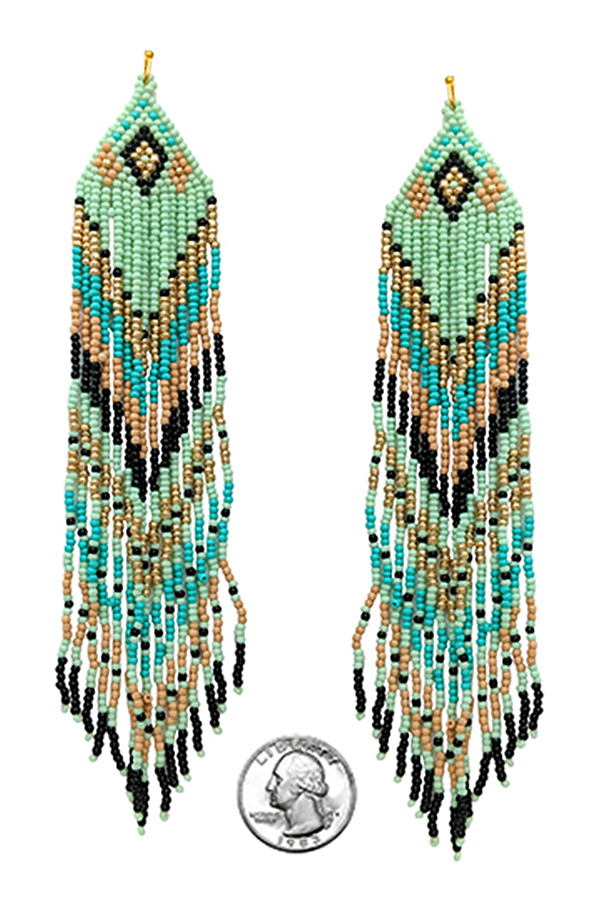 Handmade multi seedbead long tassel drop earring