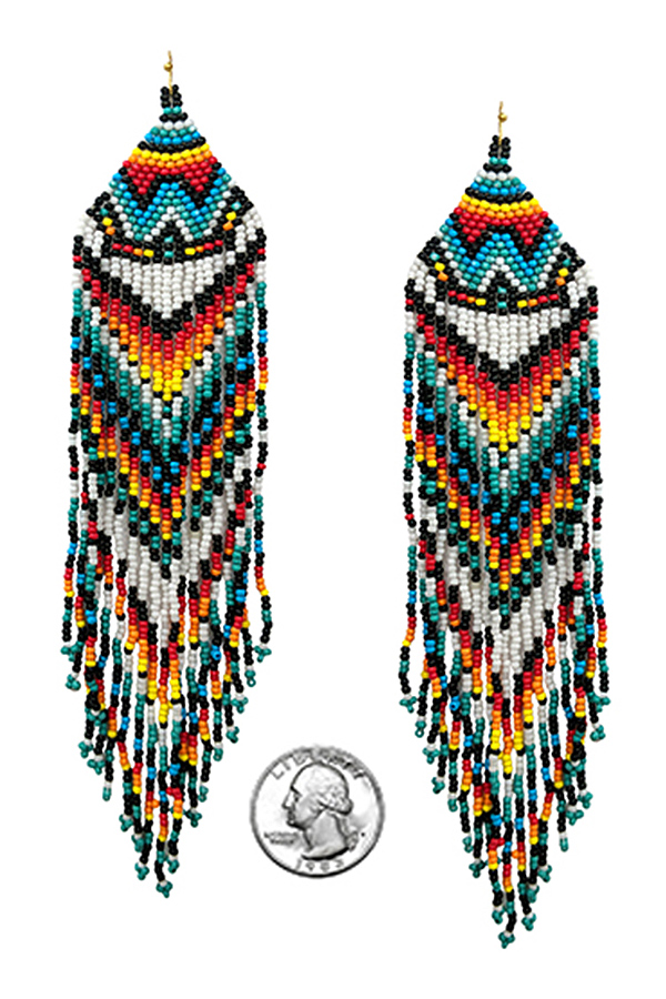 HANDMADE MULTI SEEDBEAD LONG TASSEL DROP EARRING