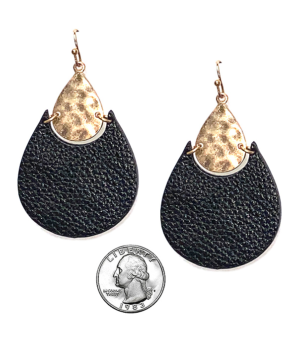 HAMMERED METAL AND LEATHERETTE TEARDROP EARRING