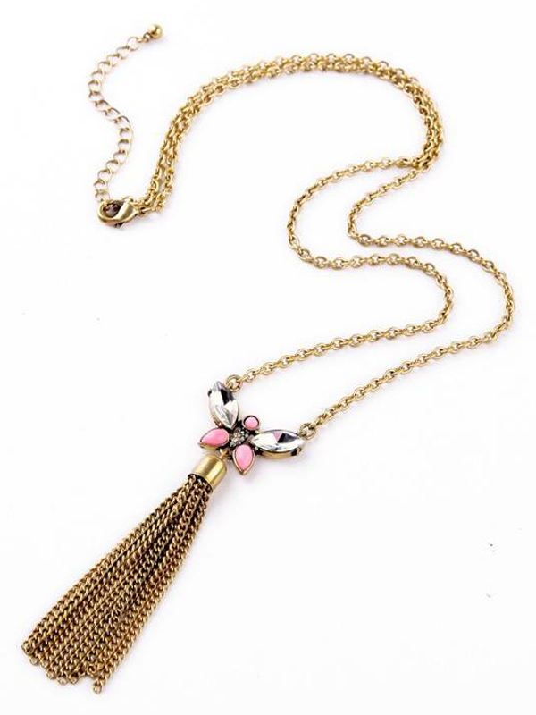 Boutique style crystal butterfly and tassel long drop necklace