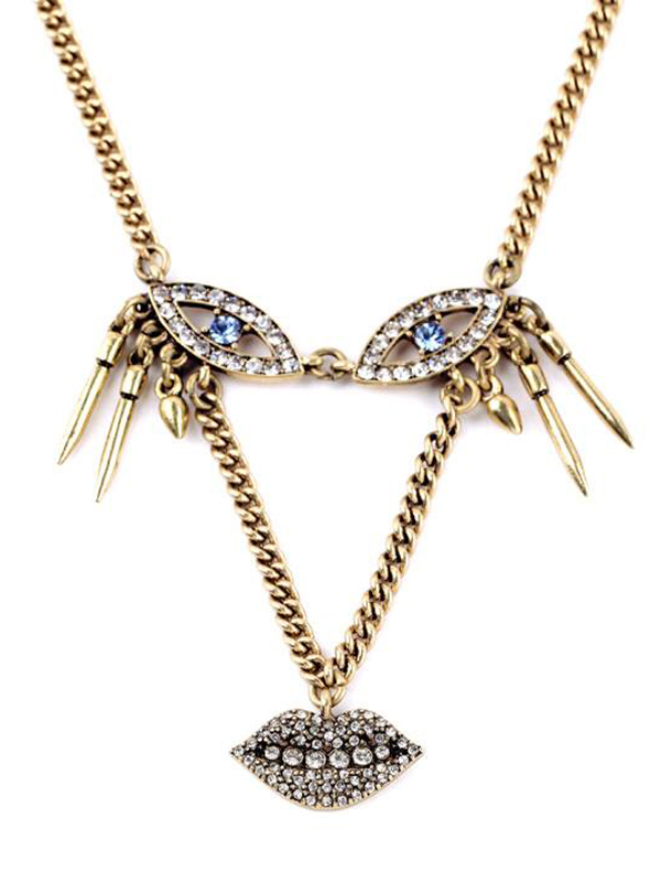 Boutique style crystal eyes and lips long necklace