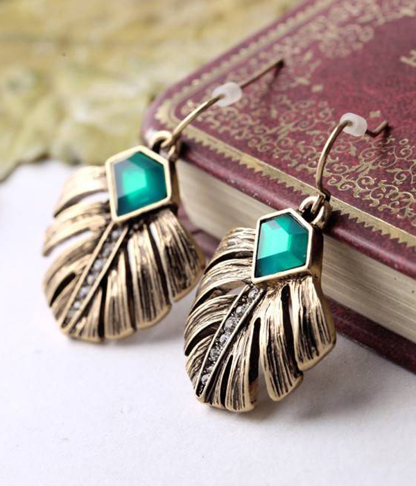 Boutique style crystal deco leaf earring