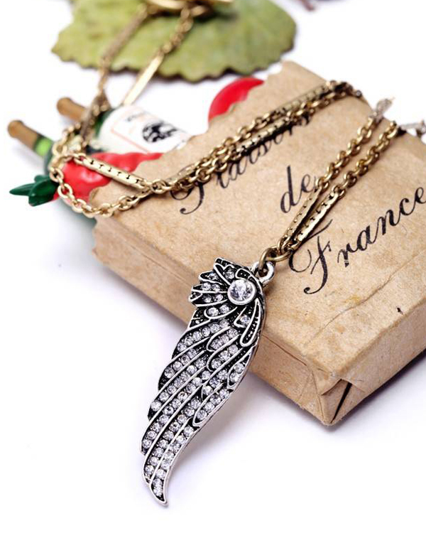 Boutique style crystal angel wing pendant necklace