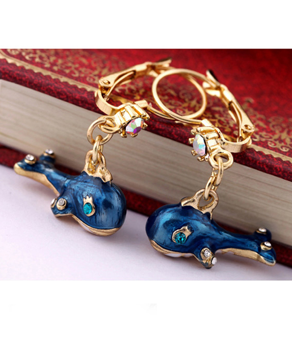 Boutique style crystal and epoxy blue whale earring