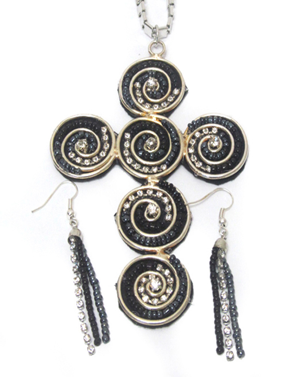 Extra large seed beads and crystal cross pendant necklace earring set