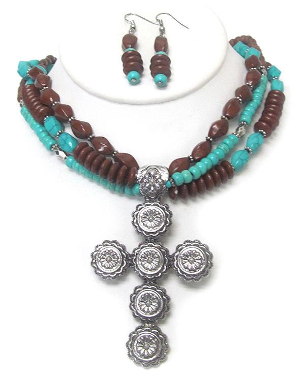 Multi layer stone and cross pendant necklace set