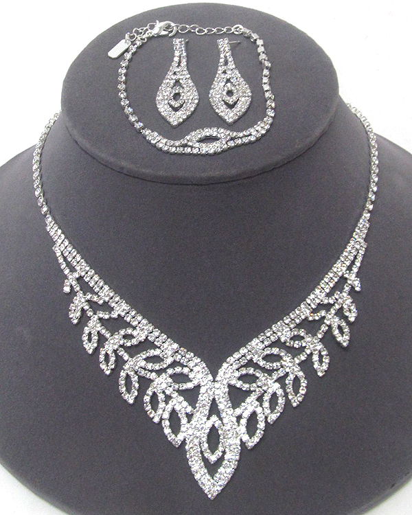 Rhinestone leafs drop bracelet and necklace set
