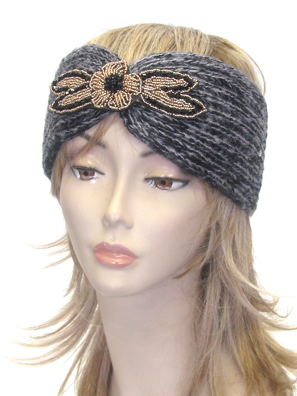 Multi bead flower crochet knit headwrap